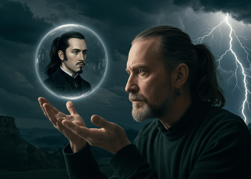 Man looking into the future and the past