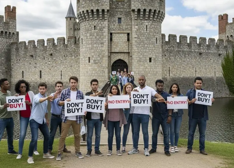 A castle with people holding signs