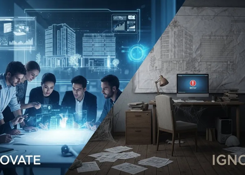 Shows two images next to one another, one says innovate with applicable design, the other says ignore with outdated appearance