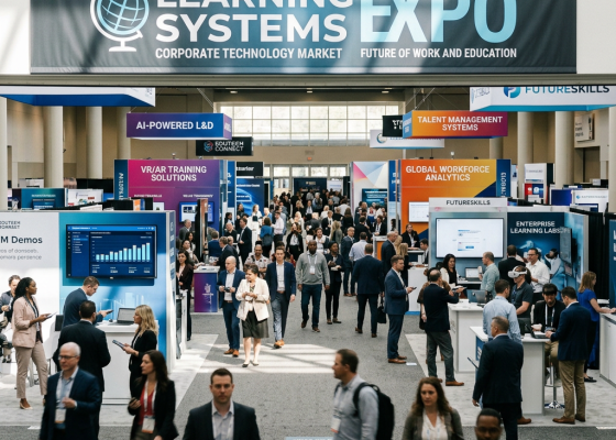 Crowded exhibition hall at Learning Systems Expo with booths on AI-powered L&D, VR/AR training, workforce analytics, and talent management