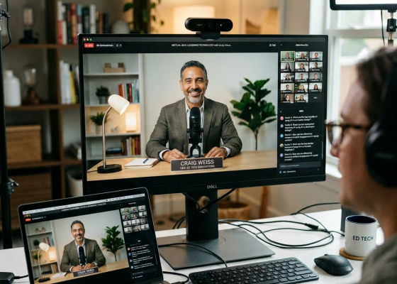 Dr. Marcus Chen speaking in a virtual leadership webinar with attendee video thumbnails and chat