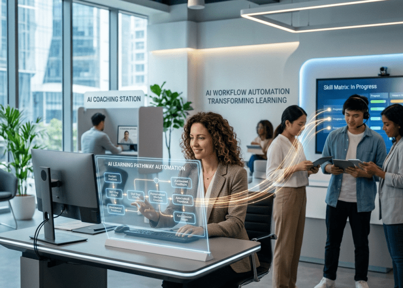 Woman interacting with AI learning pathway automation interface at a desk in a modern office with colleagues collaborating in the background
