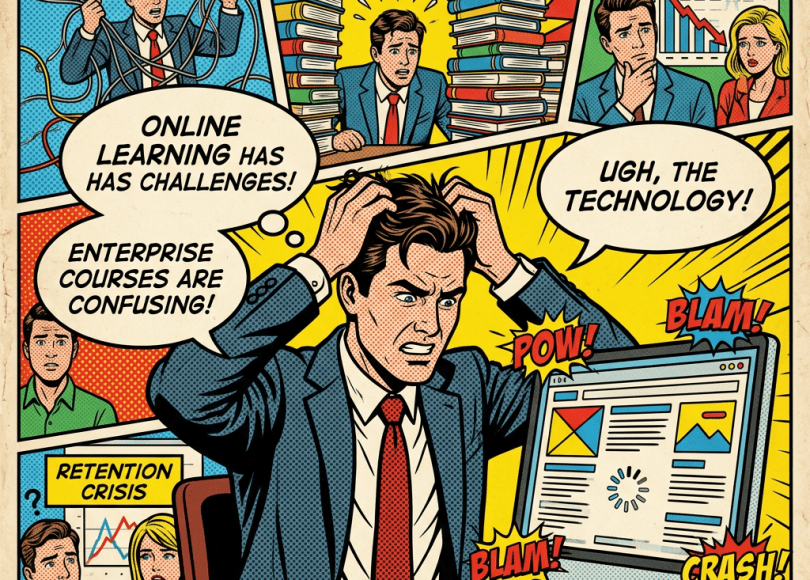 Frustrated man in suit dealing with online learning issues like connectivity, information overload, engagement, and retention problems.